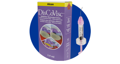 Producto OVD de Alcon y caja de producto con fondo que es un círculo azul.