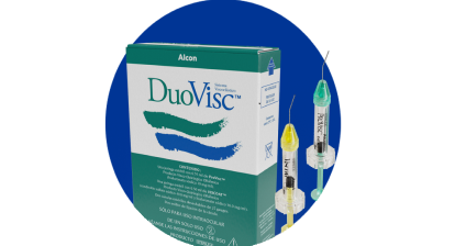 Producto OVD de Alcon y caja de producto con fondo que es un círculo azul.