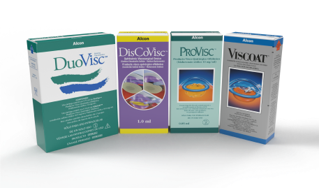 Imagen de dispositivos viscoquirúrgicos oftálmicos de Alcon: DuoVisc, DisCoVisc, ProVisc, Viscoat.