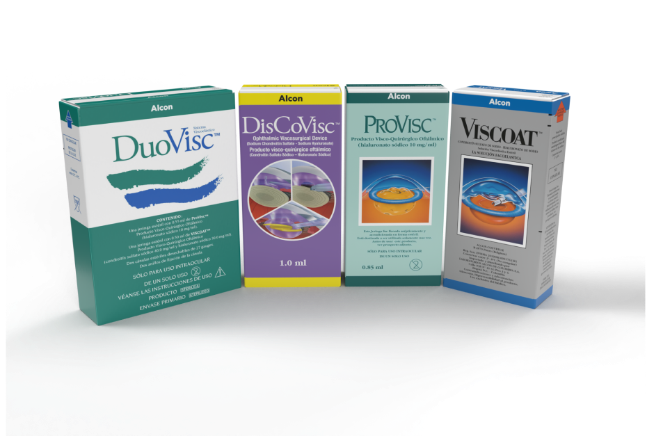 Product shots of Alcon’s Ophthalmic Viscosurgical Devices: DuoVisc,  DisCoVisc, ProVisc, Viscoat.  
