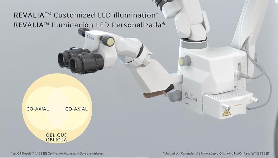 Primer plano de LuxOR Revalia que muestra los haces de luz oblicuos y coaxiales que crean su iluminación casi colimada. Un botón de play indica que es un vídeo.