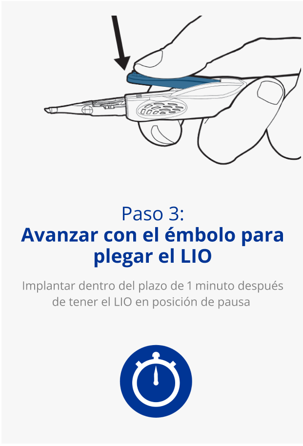 Ilustración de una mano sujetando un sistema inyector AutonoMe. Una flecha negra apunta hacia el dispositivo para indicar un movimiento de pulsar hacia abajo. Icono azul de un reloj.  