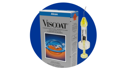 Producto OVD de Alcon y caja de producto con fondo que es un círculo azul.