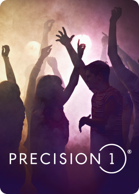 Young crowd dancing and PRECISION1 logo