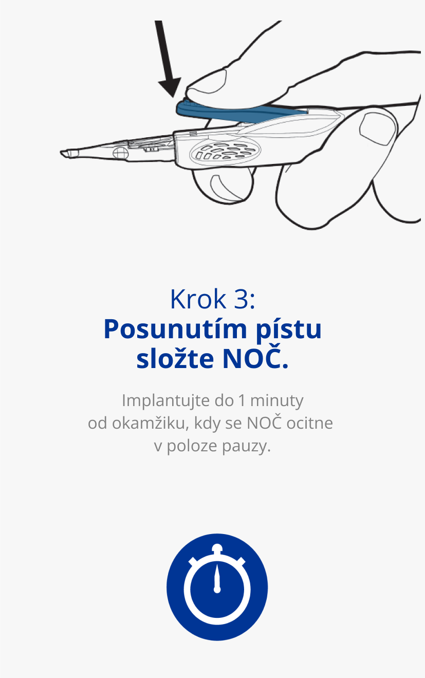 Nákres ruky, která drží injektor AutonoMe. Černá šipka mířící k injektoru naznačuje stlačování. Modrá ikona hodin.