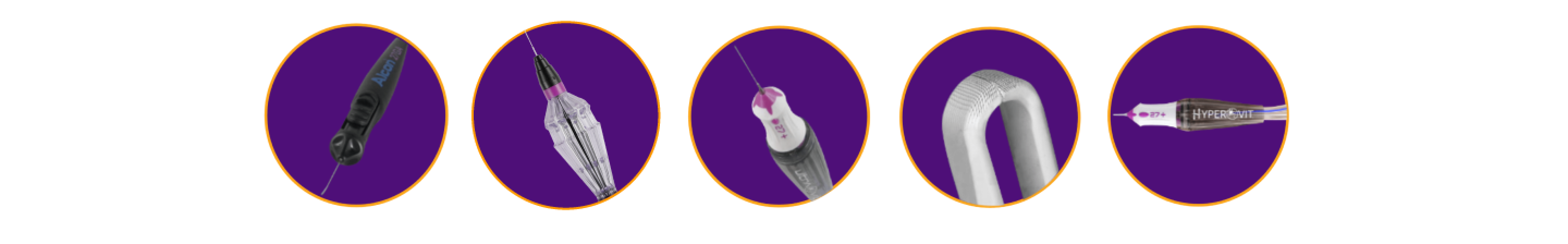 Obrázky portfolia sond 25+/27+ společnosti Alcon na fialovém pozadí. Laserová sonda Vektor, Finesse Reflex, sonda Advanced Ultravit, Finesse Sharskin, sonda Hypervit.