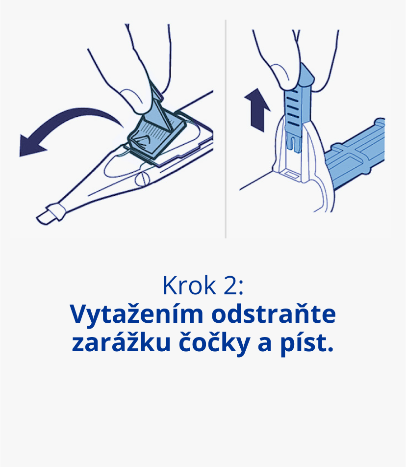 Dva nákresy druhého kroku přípravy injektoru UltraSert k implantaci. Obrázek vlevo ukazuje ruku, která z injektoru UltraSert vytahuje zarážku čočky. Obrázek vpravo ukazuje ruku, která z injektoru UltraSert vytahuje píst.