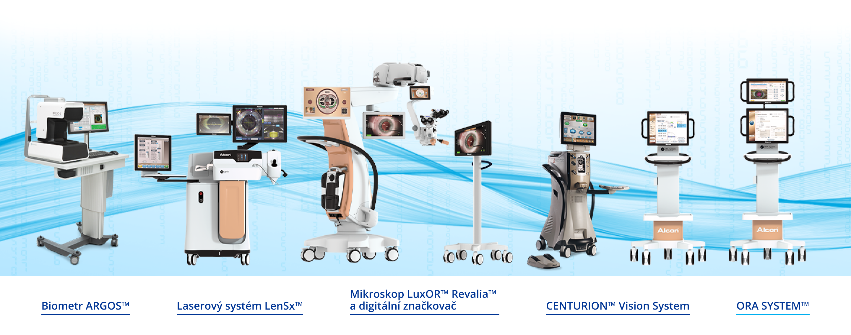 Vyobrazení různých chirurgických přístrojů od společnosti Alcon. Biometr ARGOS, laserový systém LenSx, oční mikroskop LuxOR Revalia, digitální značkovač Verion, Centurion Vision System, intraoperační aberometr ORA SYSTEM.