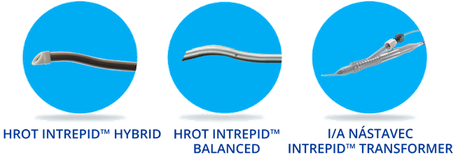 Hrot INTREPID Hybrid, hrot INTREPID Balanced a I/A nástavec INTREPID Transformer, každý samostatně na modrém kruhovém pozadí.