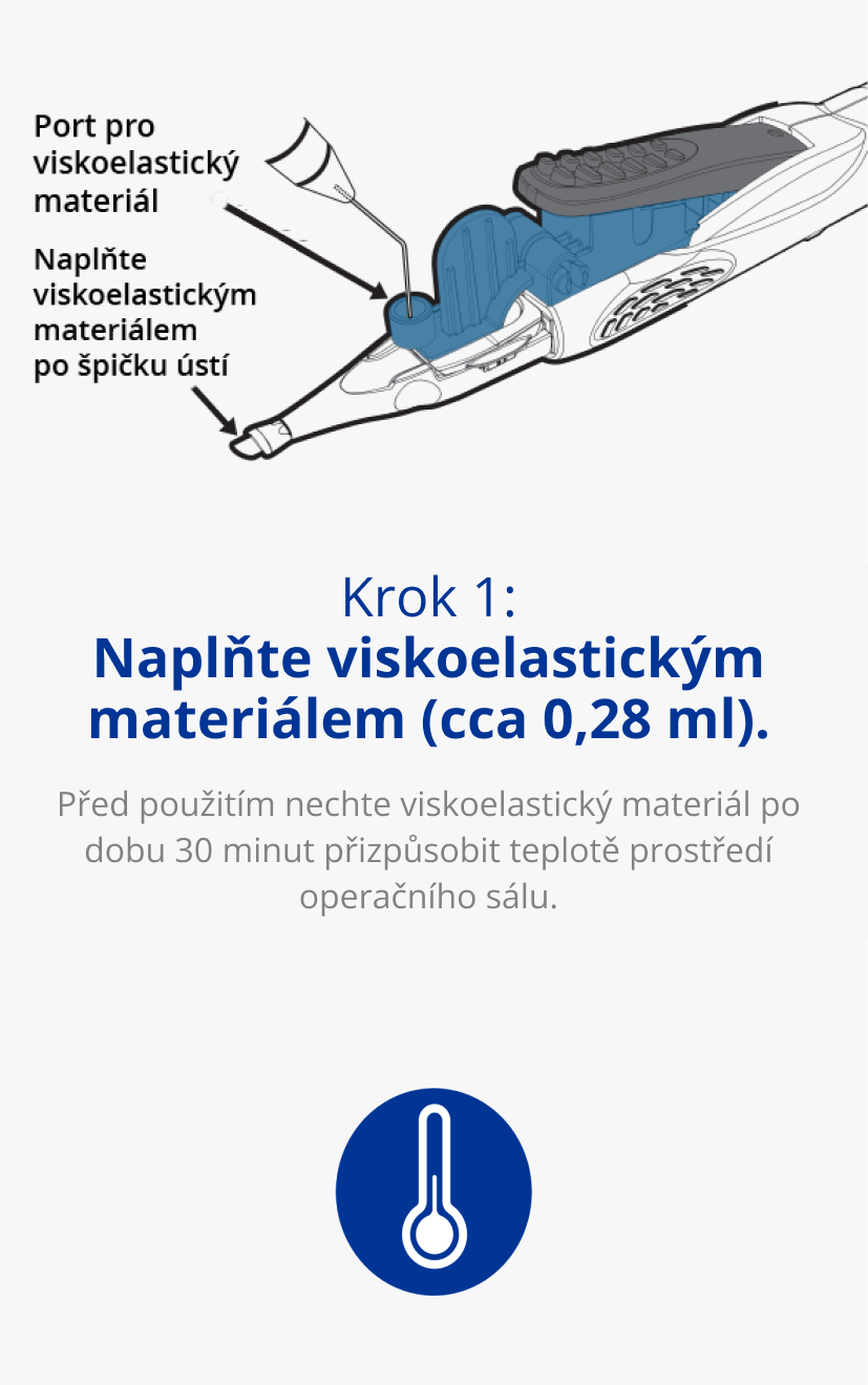 Nákres injektoru AutonoMe. Jedna černá šipka, která ukazuje na zařízení, je doplněna textem Port pro viskoelastický materiál. Druhá černá šipka, která ukazuje na ústí, je doplněna textem Naplňte viskoelastickým materiálem po špičku ústí. Modrá ikona teploměru.
