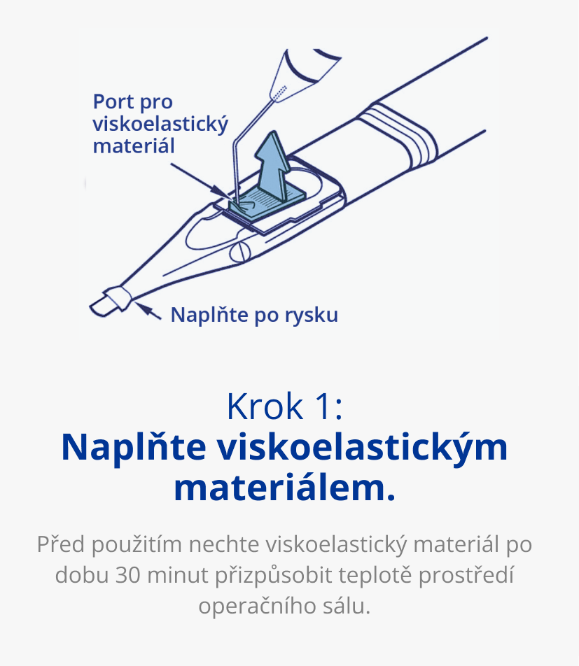 Nákres prvního kroku přípravy implantace injektorem UltraSert. Modrá šipka míří k portu pro viskoelastický materiál, skrze který se UltraSert naplní viskoelastickým materiálem. Druhá modrá šipka s textem „Naplňte po rysku“ míří na špičku injektoru.
