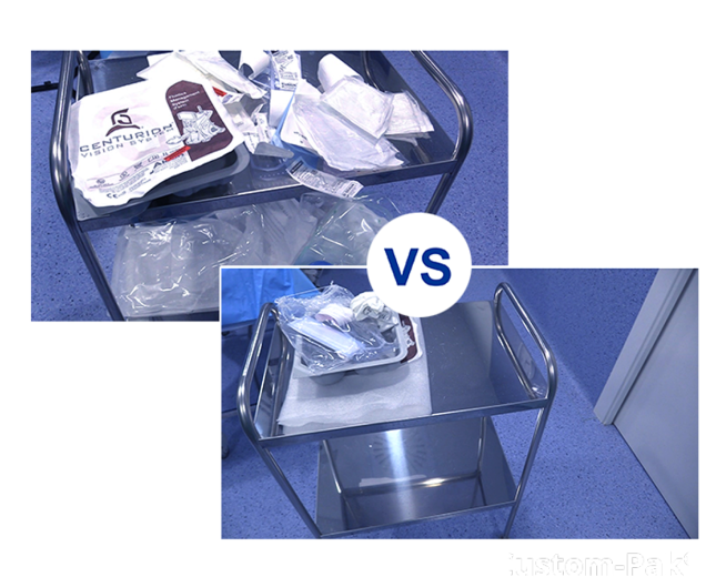 Two images divided by blue text that reads “VS” to show a comparison. The first image shows a surgical cart filled with discarded packaging from standalone products. The second image shows a surgical cart with much less packaging after Custom-Pak® has been used.