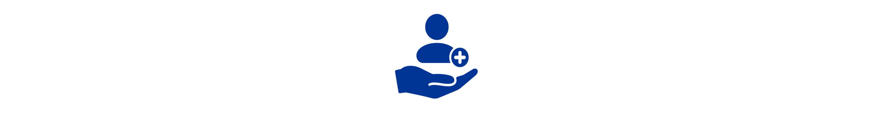 Ein blaues Symbol einer Hand, die eine Person neben einem blauen Kreuz hält.