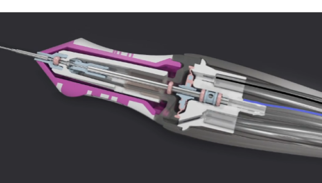 Ein Querschnitt der HYPERVIT Sonde, der den dualpneumatischen Antrieb zeigt.