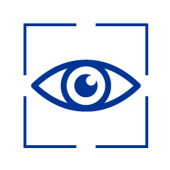 Ein blaues Symbol eines Auges in einem blauen Viereck.