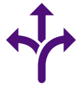 Dunkellila Symbol aus drei Pfeilen, die nach links, geradeaus und rechts zeigen.