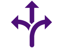Dunkellila Symbol aus drei Pfeilen, die nach links, geradeaus und rechts zeigen.