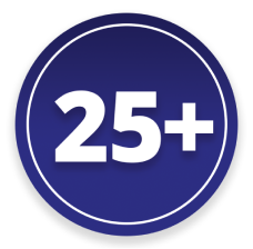 Großer weißer Text mit der Aufschrift "25+" auf einem blauen Kreis.
