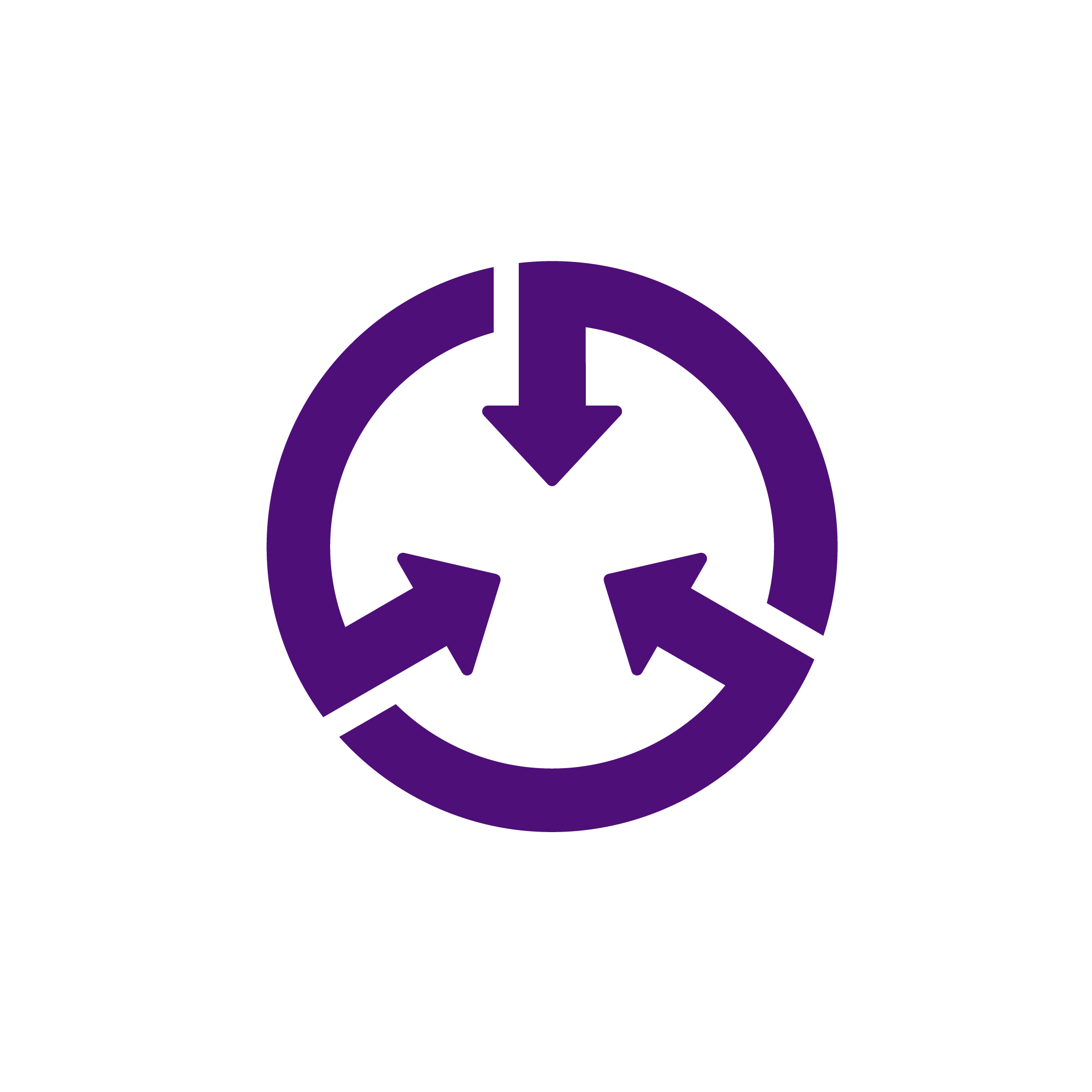 Ein dunkellila Symbol eines Kreises mit drei nach innen zeigenden Pfeilen.