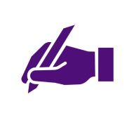 Dunkellila Symbol einer Hand, die wie zum Schreiben einen Stift hält.