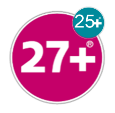 Ein großer pinkfarbener Kreis, in dem 27+ steht. Rechts darüber ein kleiner türkisfarbener Kreis, in dem 25+ steht.
