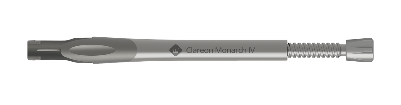 Clareon Monarch IV Implantationssystem vor dunkelblauem Hintergrund. 3 Kreise mit einem Plus-Zeichen deuten auf besonders interessante Bereiche des Injektors hin.