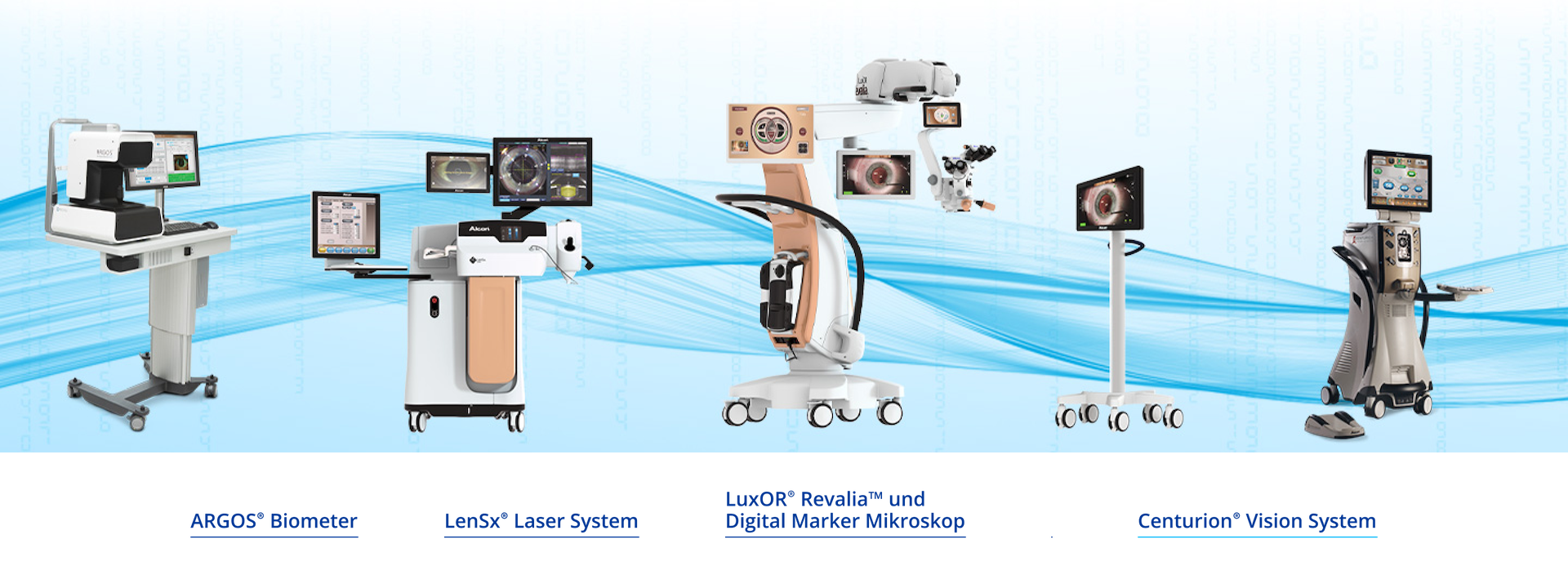 Ein Bild, das die einzelnen chirurgischen Geräte von Alcon zeigt. Das ARGOS Biometer, LenSx Laser System, LuxOR Revalia Mikroskop, Verion Digital Marker, Centurion Vision System, ORA SYSTEM Intraoperatives Abberometer.