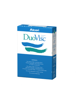 DuoVisc OVD Verpackung. Dieses Produkt enthält 0,35 ml Viscoat und 0,40 ml ProVisc.