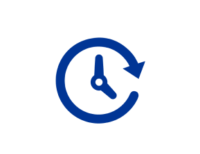 Dunkelblaues Symbol einer Uhr mit einem kreisförmigen Pfeil darum auf hellblauem Hintergrund.
