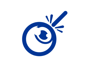 Dunkelblaues Symbol eines Skalpells, das sich einem Auge nähert, auf hellblauem Hintergrund.