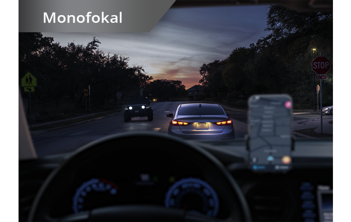 Blick aus einem Auto heraus auf eine Straße in der Dämmerung. Ein Smartphone ist auf dem Armaturenbrett befestigt. Der weiße Text links oben besagt “Monofokallinse”.