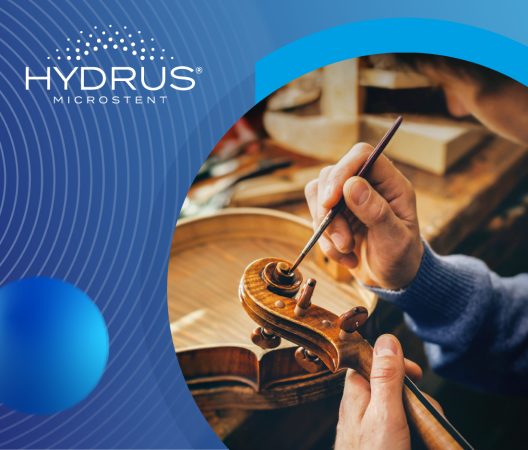 Image of a person repairing an instrument and hydrus logo