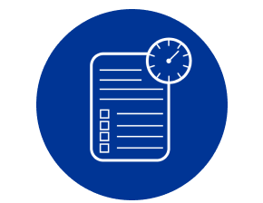 Blaues rundes Symbol mit einer Checkliste und einer kleinen Uhr.