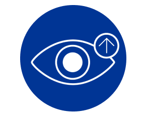 Blaues rundes Symbol mit einem Auge und einem Pfeil nach oben.