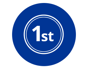 Blaues rundes Symbol mit der Aufschrift „1st“.