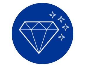 Blaues rundes Symbol mit einer Diamantform und kleinen Sternen.