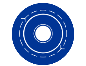 Blaues rundes Symbol mit konzentrischen Kreisen und gestrichelten Linien.