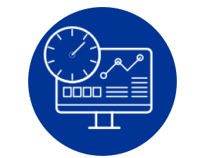 Blaues rundes Symbol mit einem Computerbildschirm, Diagrammen und einer Uhr.
