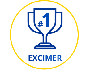 Logo mit einer blauen Trophäe mit der Zahl eins und dem Wort „EXCIMER“ darunter, mit blauem Text in einem gelben Kreis auf weißem Hintergrund.