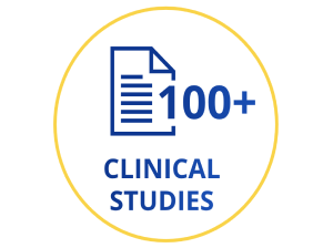 Grafik zur Hervorhebung von „100+ klinischen Studien“ mit einem Dokumentensymbol, das blauen Text in einem gelben Kreis auf weißem Hintergrund zeigt.