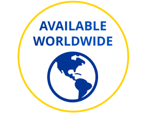 Das Symbol zeigt eine blaue Weltkugel mit dem Text „Available Worldwide“ (Weltweit verfügbar), der in einem gelben Kreis auf weißem Hintergrund in blauer Schrift dargestellt ist.