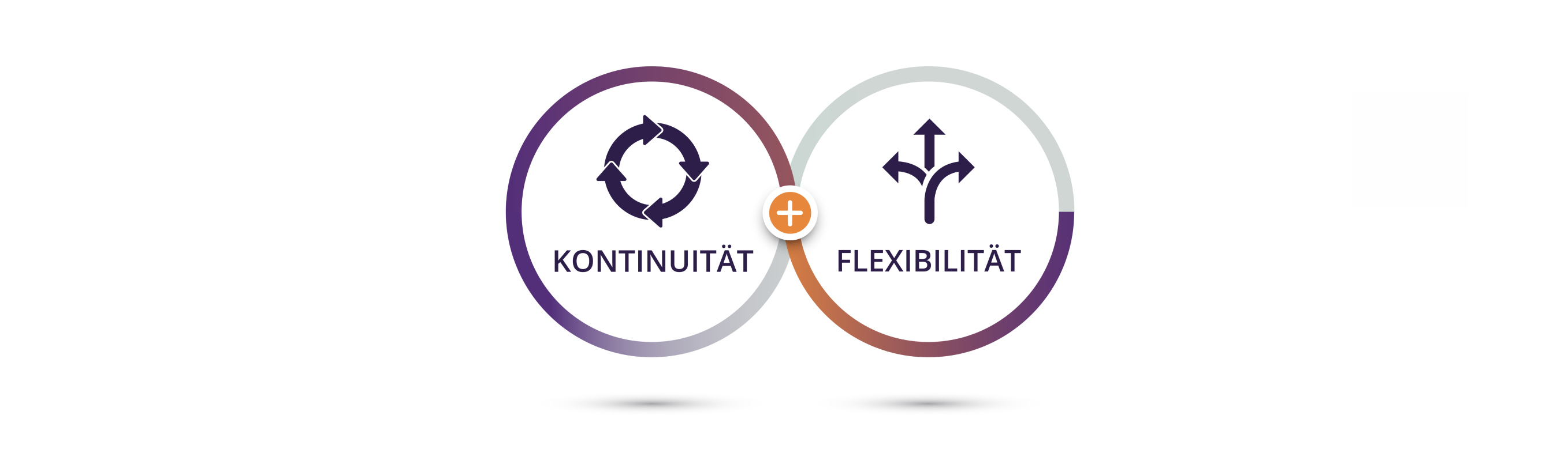 Drei sich berührende Kreise. Im ersten Kreis ein dunkellila Symbol aus vier Pfeilen, die einen Kreis bilden, der sich im Uhrzeigersinn dreht, mit dem Wort “Kontinuität” darunter. Im zweiten Kreis ein dunkellila Symbol aus drei Pfeilen, sie zeigen nach rechts, geradeaus und nach links. Darunter das Wort: “Flexibilität”. Im dritten Kreis ein dunkellila Symbol einer Glühbirne mit dem Wort “Innovation” darunter.