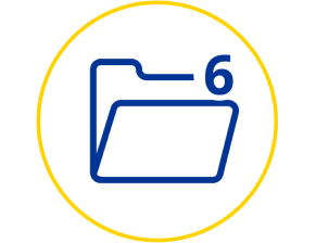 Icon eines Aktenordners mit der Nummer 6, mit blauem Text in einem gelben Kreis auf weißem Hintergrund.