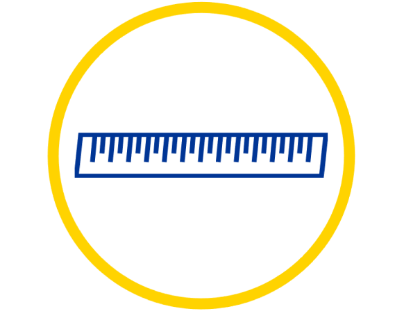Ein blauer Linealstab innerhalb eines gelben kreisförmigen Rahmens auf weißem Hintergrund.