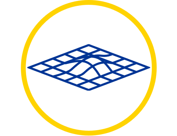 Ein blaues Drahtgitter innerhalb eines gelben kreisförmigen Rahmens, das eine 3D-Oberfläche oder ein Gelände auf weißem Hintergrund symbolisiert.
