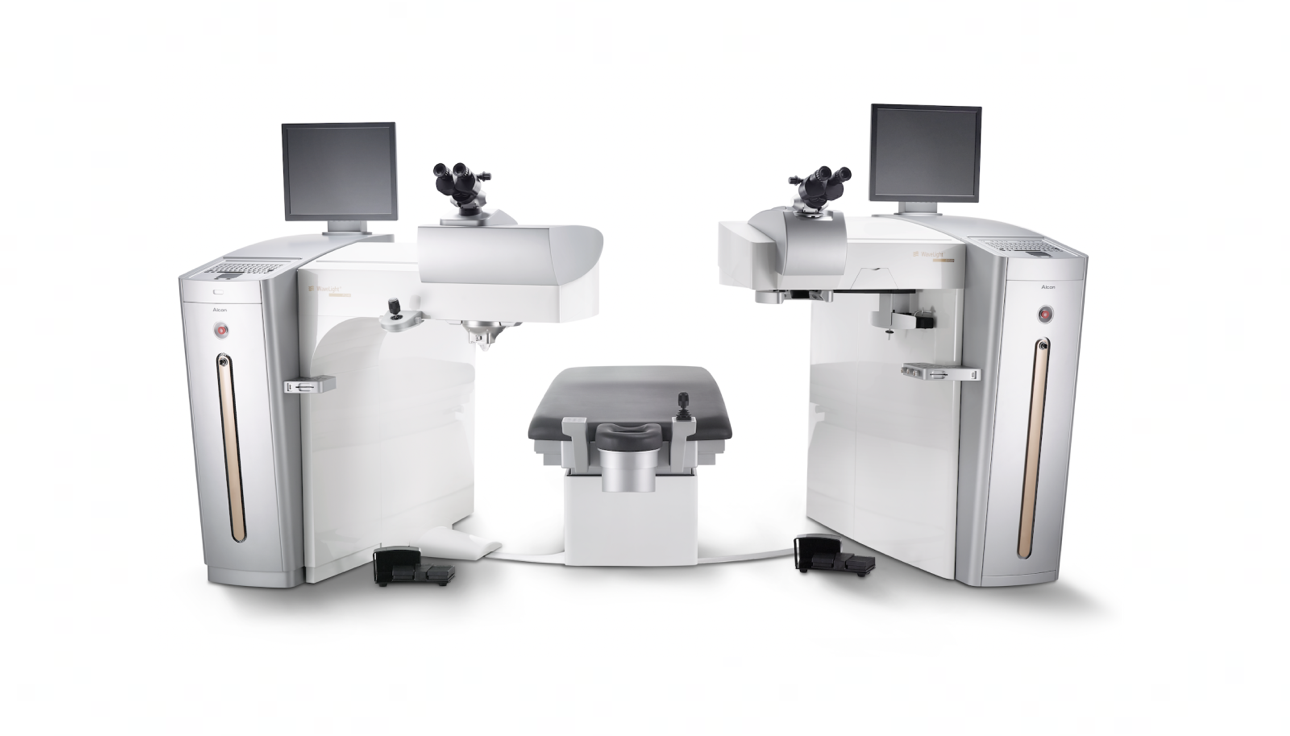 Der Alcon Wavelight® FS200 Femtosekunden Laser steht gegenüber dem Alcon Wavelight® EX500 Excimer Laser.