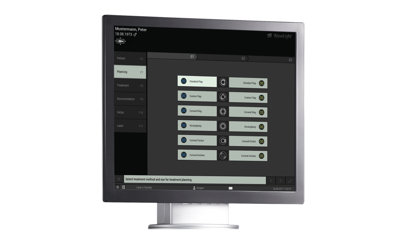 Computermonitor, auf dem die Behandlungsplanungsoptionen für einen Patienten angezeigt werden, einschließlich verschiedener Flaps und Inzisions-möglichkeiten.