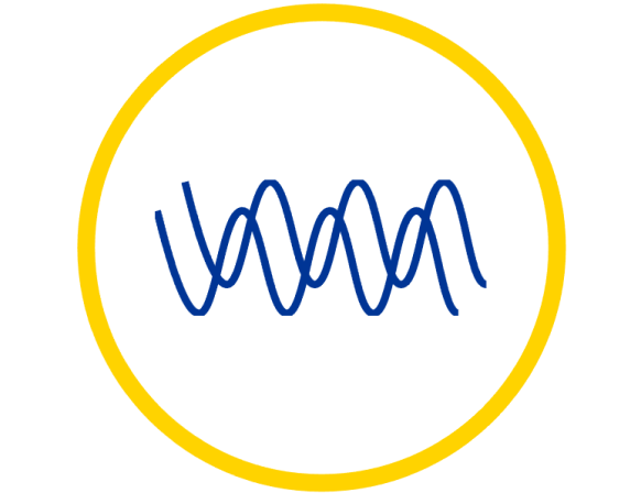 Ein blaues Wellenfrontmuster innerhalb eines gelben kreisförmigen Rahmens auf weißem Hintergrund.