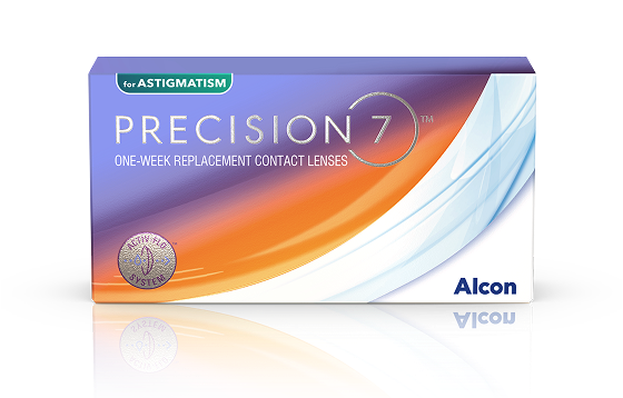 Produktverpackung von PRECISION7 Kontaktlinsen für Astigmatismus mit Hinweis auf wöchentlichen Austausch und ACTIV-FLO System.