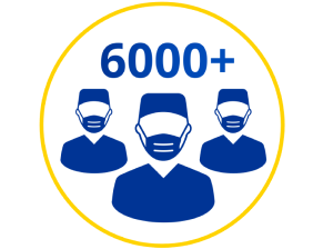 Symbol mit über 6000 Chirurgen, die Masken (in Blau) tragen, umrandet von einem gelben Kreis auf weißem Hintergrund.